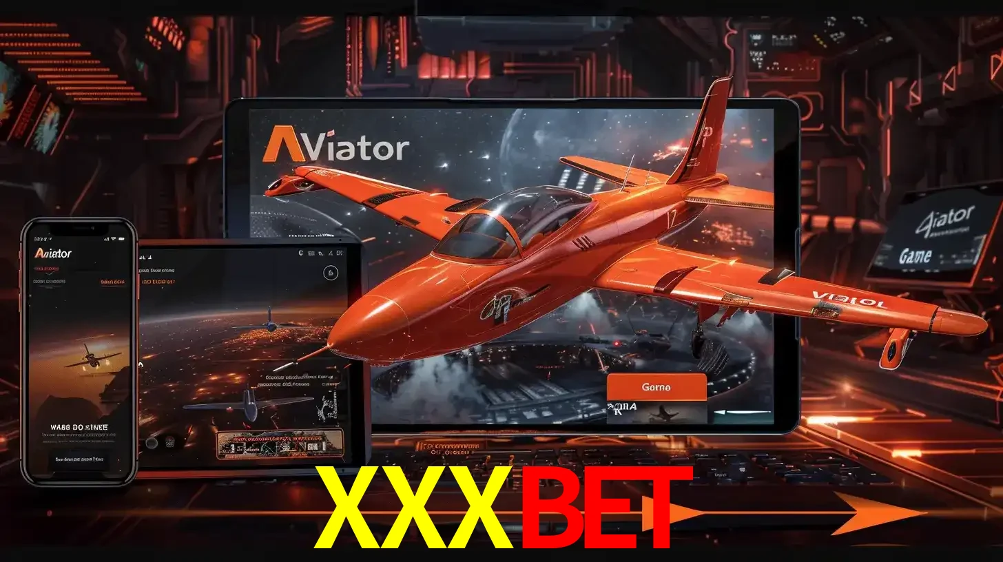 Apresentação tecnológica do jogo Aviator com um avião saindo da tela de um tablet, demonstrando a experiência imersiva em múltiplos dispositivos no XXXBET.