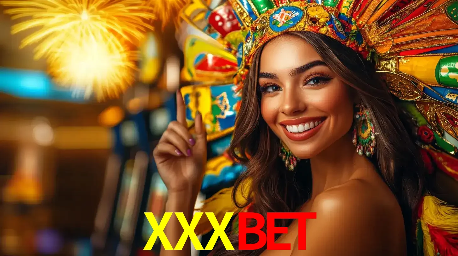 Mulher sorridente com um cocar de carnaval vibrante e colorido, celebrando uma grande vitória nos jogos do cassino XXXBET com fogos de artifício ao fundo.