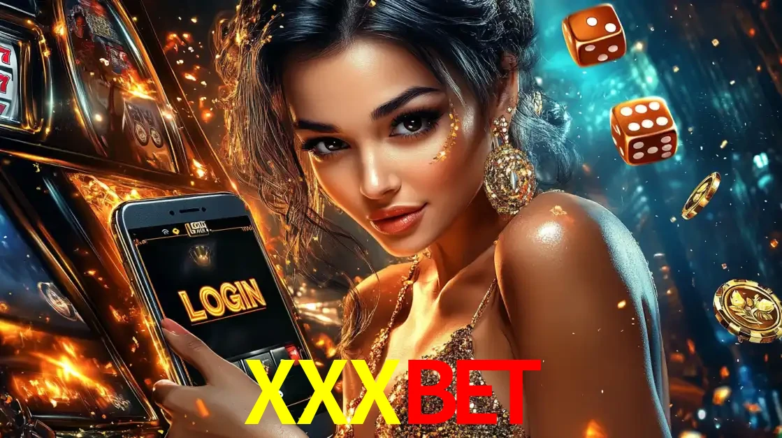 Mulher glamourosa segurando um celular com a tela de login do cassino XXXBET, rodeada por dados e moedas douradas, pronta para começar a diversão.
