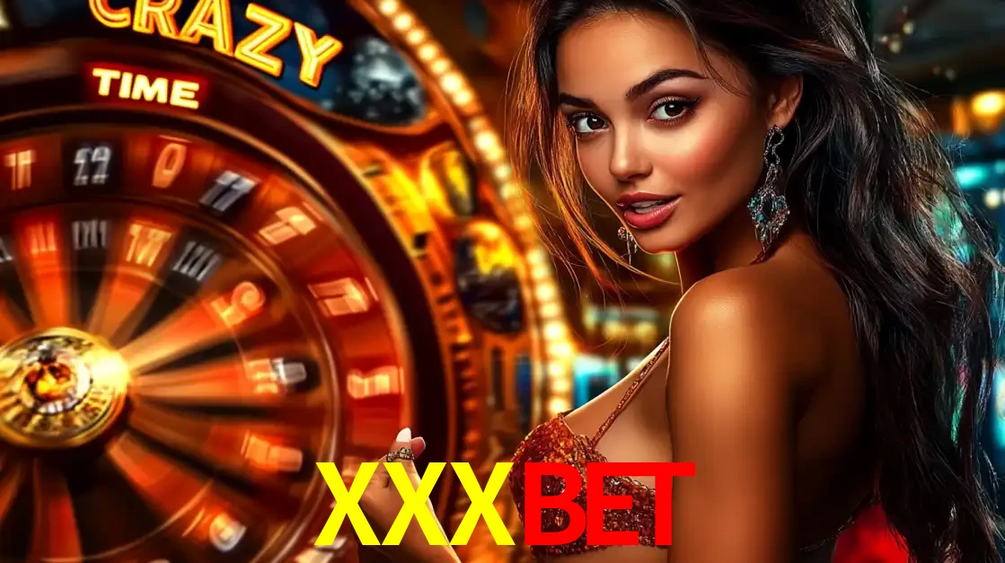 Mulher ao lado da roda de prêmios do jogo de cassino ao vivo Crazy Time, um dos shows de jogos mais emocionantes oferecidos pela plataforma de apostas XXXBET.