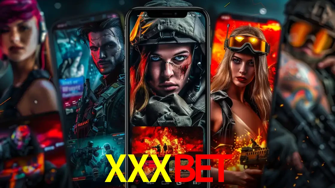 Montagem de telas de celular mostrando diversos personagens, masculinos e femininos, de um jogo de tiro, ilustrando a diversidade de equipes de e-sports para apostar no XXXBET.