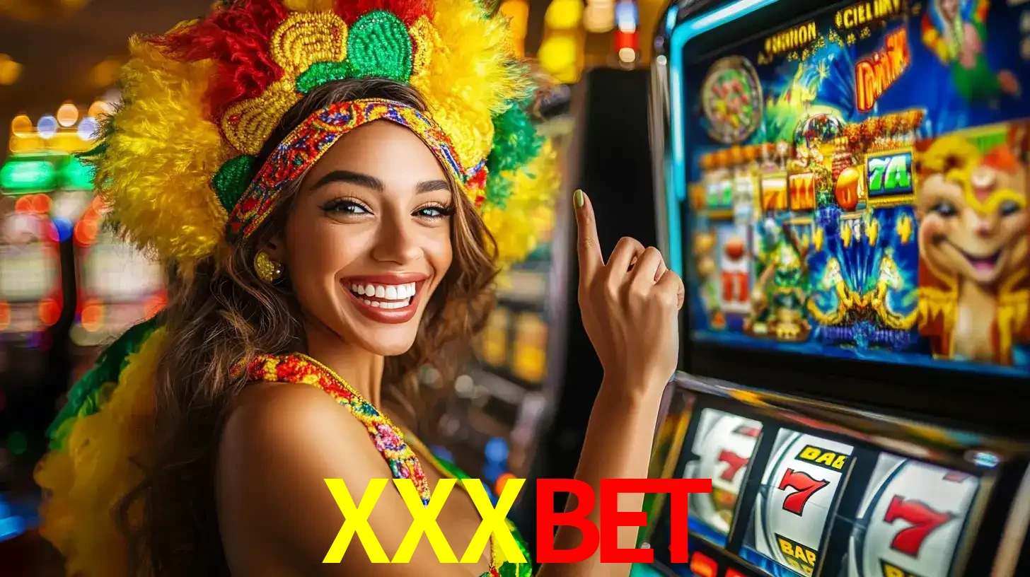 Mulher animada com um cocar de carnaval apontando para uma máquina de caça-níqueis, mostrando a emoção de ganhar um grande prêmio nos jogos do XXXBET.