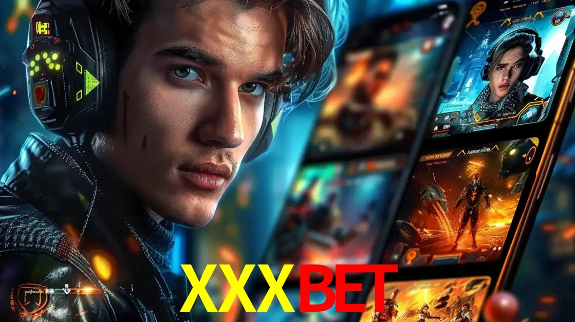 Jovem jogador com fones de ouvido olhando para a câmera, com um aplicativo de jogos e e-sports para celular ao fundo, pronto para a competição e apostas no XXXBET.