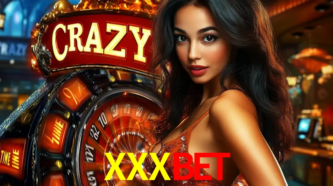 Mulher glamourosa olhando para a câmera com a roda vermelha do Crazy Time ao fundo em um ambiente de cassino, destacando a emoção dos jogos ao vivo no XXXBET.