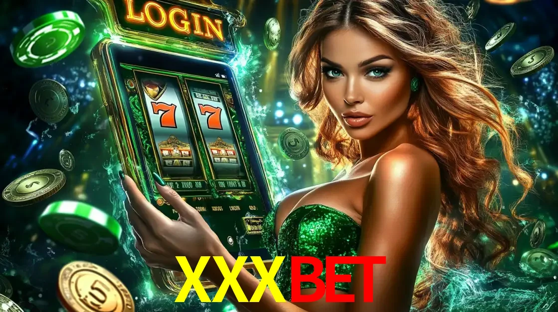 Mulher com tema verde apresentando o aplicativo do cassino XXXBET com um jogo de slot de 777, cercada por fichas de cassino e uma aura de sorte.