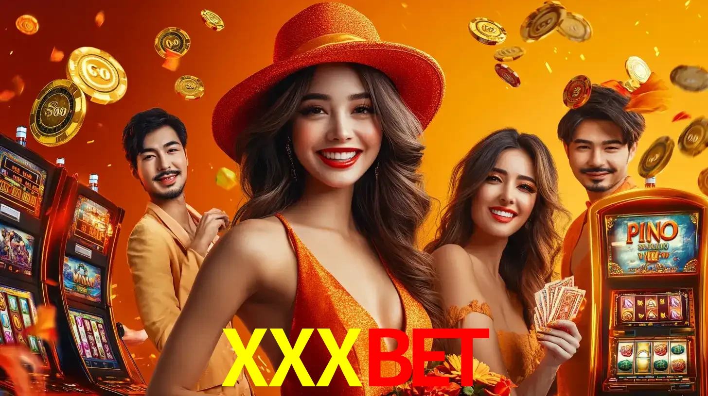 Grupo de amigos asiáticos sorrindo e se divertindo com máquinas de caça-níqueis em um ambiente festivo, celebrando suas vitórias nos jogos de cassino do XXXBET.