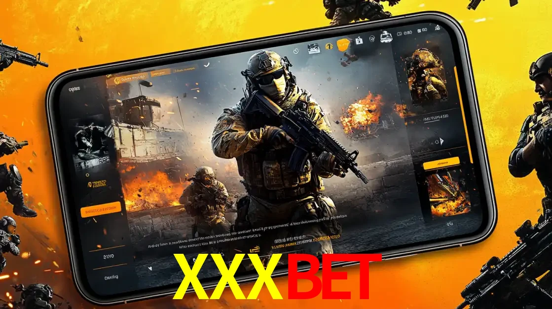 Um smartphone exibindo a interface de um jogo de tiro em primeira pessoa, com um soldado em um cenário de batalha, representando a ação dos e-sports para apostar no XXXBET.