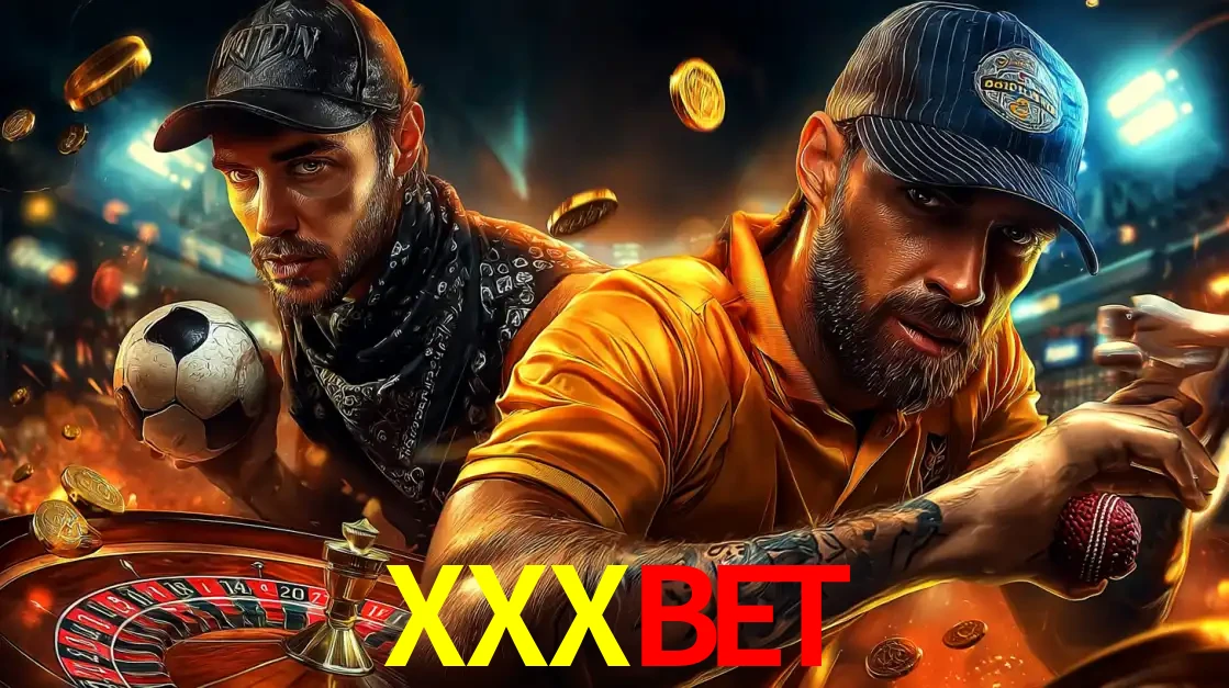 Montagem de apostas esportivas e cassino no XXXBET, com um homem segurando uma bola de futebol e outro uma de beisebol sobre uma roleta e moedas voadoras.