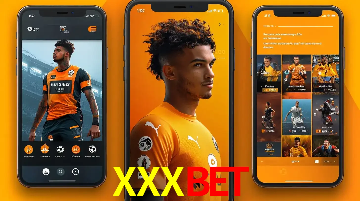 Interface do aplicativo de apostas esportivas XXXBET em três telas de celular, mostrando o perfil de um jogador de futebol e a lista de jogos disponíveis para apostar.