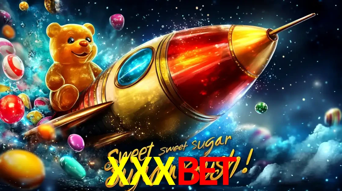Arte promocional do jogo de slot Sugar Rush, com um urso de pelúcia em um foguete viajando pelo espaço de doces, um dos jogos divertidos disponíveis no cassino XXXBET.