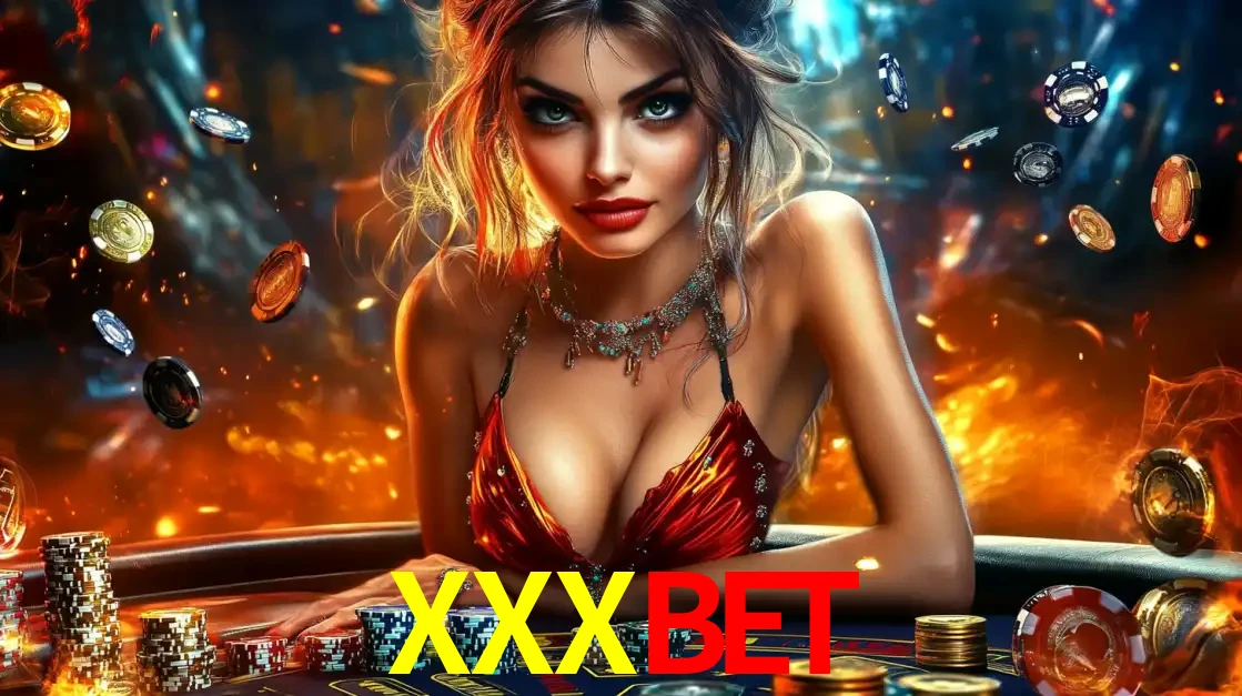 Mulher em uma mesa de cassino com pilhas de fichas e um fundo de fogo, pronta para uma rodada de altas apostas nos jogos de mesa emocionantes do cassino XXXBET.