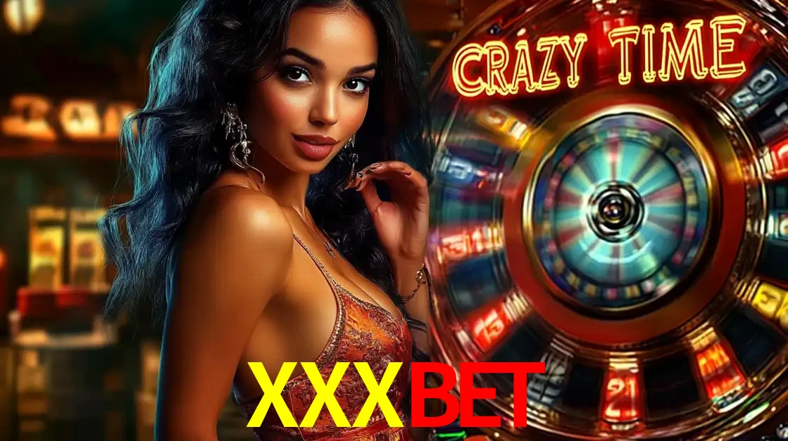 Mulher elegante ao lado da vibrante roda da fortuna do jogo de cassino ao vivo Crazy Time, um dos game shows mais populares e cheios de prêmios do XXXBET.