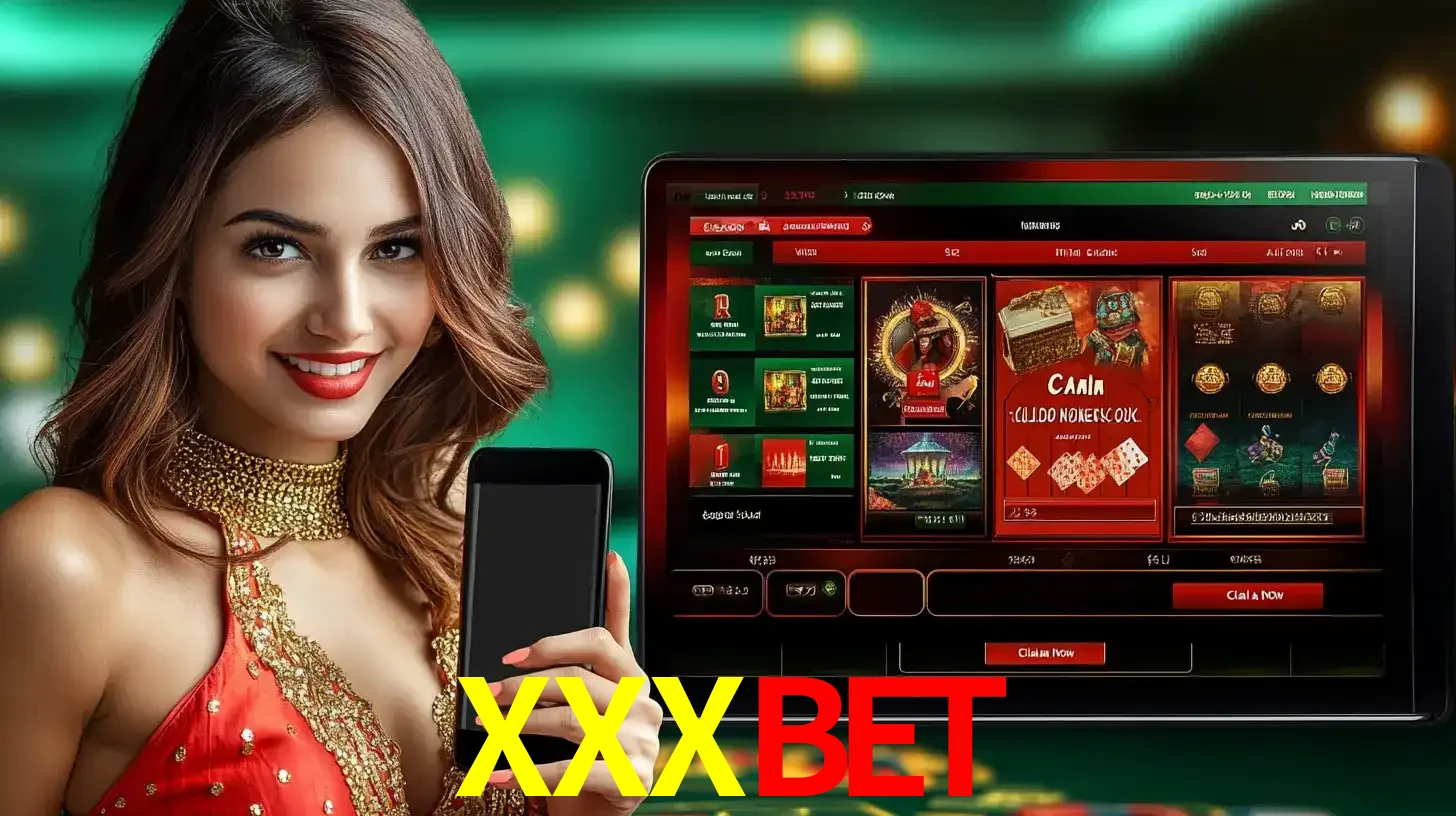 Mulher sorridente segurando um smartphone, ao lado de uma tela exibindo o lobby de jogos do cassino online XXXBET, com várias opções de jogos de cartas e slots.